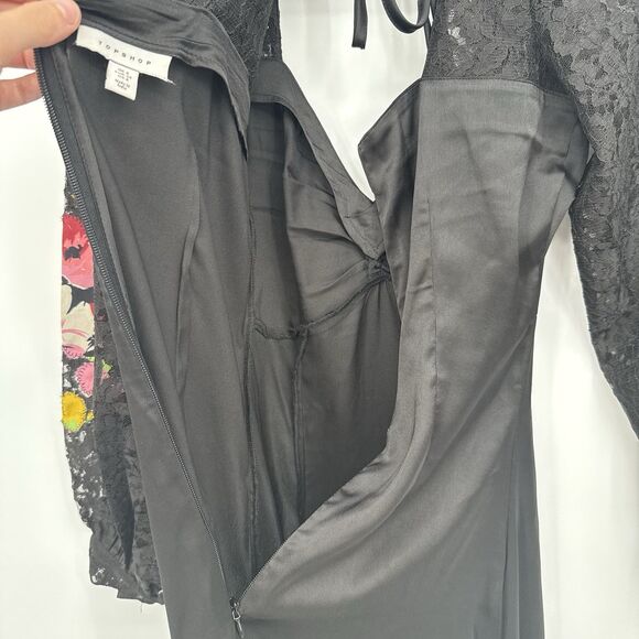 Topshop Black Satin Long Midi Dress Floral Embroidery Size 2 Formal - Picture 11 of 12